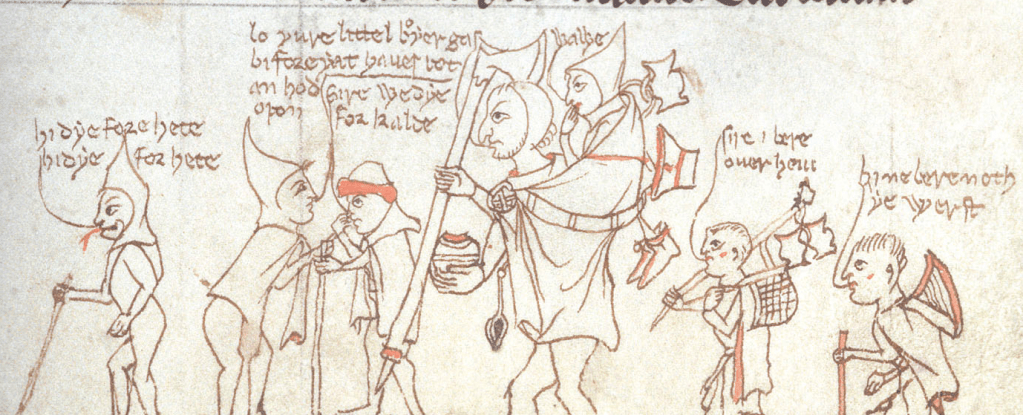 Medieval manuscript image of a group of travellers carrying their belongings, one with a toddler on his back; the travellers are conversing, which is indicated by writing connected to each person’s mouth with a line, like comics-style speech bubbles.