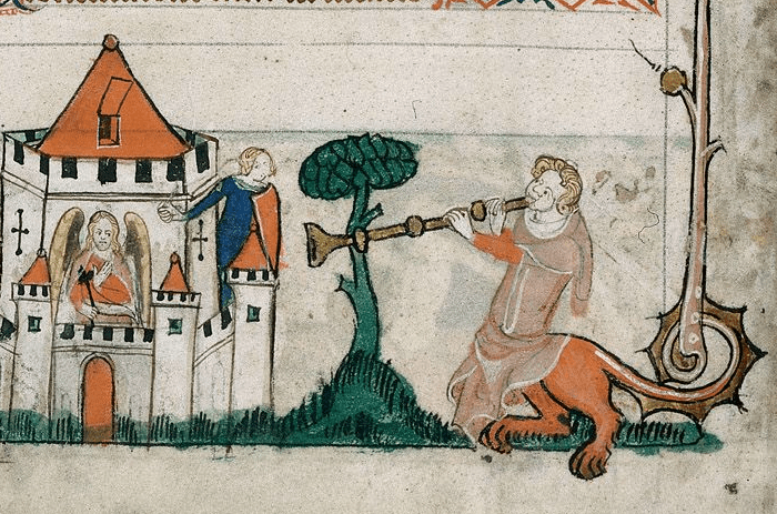 Medieval manuscript image of a person and an angel on the outer wall of a castle, looking outside to a hybrid creature playing a long golden horn; the hybrid creature has a man’s form from head to waist, with a lion-like bottom half and long spiky tail.