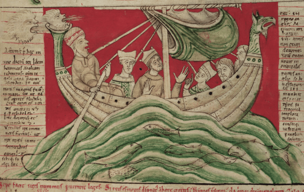 Medieval manuscript image of king and his men in a ship on a stormy, fish-filled sea; the prow is shaped like an animal head, and a two hairy faces in the sky blow air towards the ship.