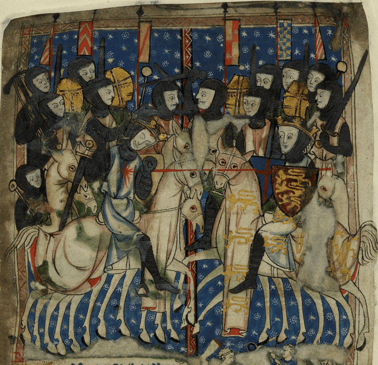 Medieval manuscript illustration of two armies fighting each other with swords on horseback; in the foreground are two kings on horseback, one of whom has received a bloody wound in his chest.