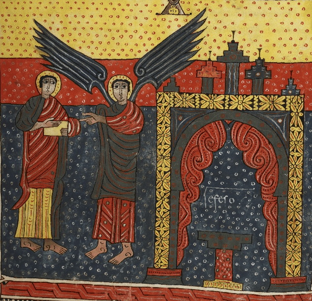 Medieval manuscript image of a haloed man holding a book, towards which an angel gestures; beside them is an altar framed by decorative architecture, with the Latin word ‘efeso’.