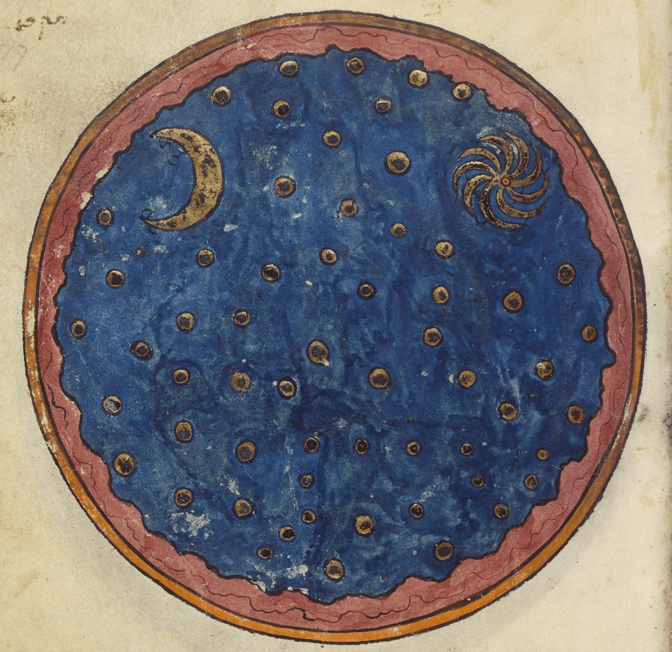 Medieval manuscript image of a blue sphere with a red border, inside of which celestial bodies are depicted in gold: a crescent moon, a sun with nine curving rays, and round stars.