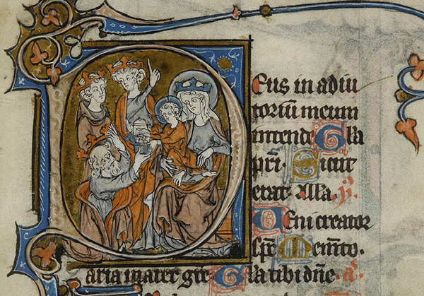 Medieval manuscript initial D, inside of which is a scene of two crowned men bearing gifts, one of them pointing upward, both standing behind the third, eldest man who removes the crown from his head and raises a gift to the extended hands of the haloed baby who is seated on the lap of a haloed and crowned woman.
