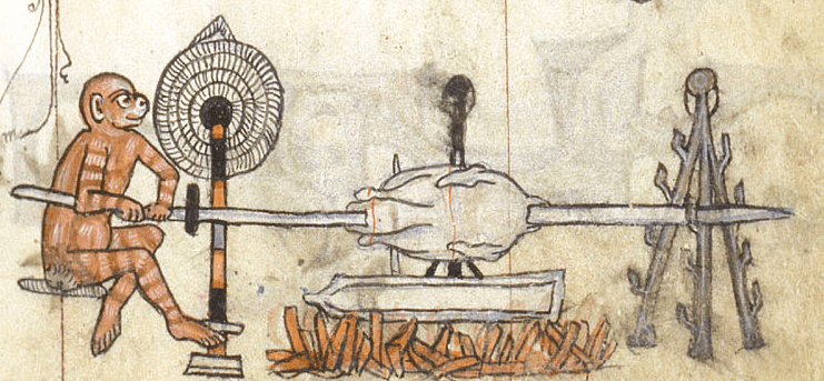 Medieval manuscript image of a brown striped ape sitting beside a fire, turning a spit over it to cook meat.