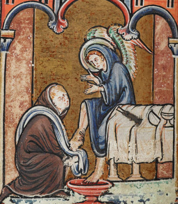 Medieval manuscript image of a hooded man kneeling and washing the feet of a winged and haloed angel who is dressed like a traveller.