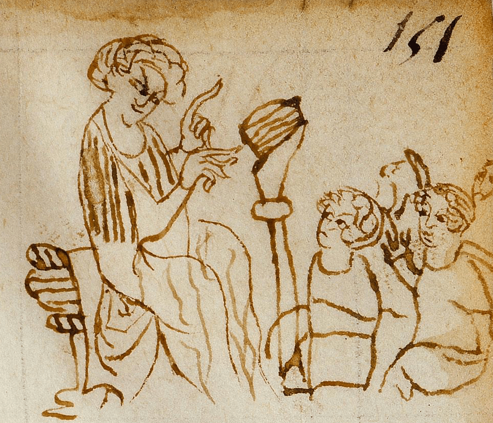 Medieval manuscript marginal sketch of a cross-looking teacher in a chair looking down on and gesturing towards two children seated on the floor, one of whom appears to wear donkey ears.