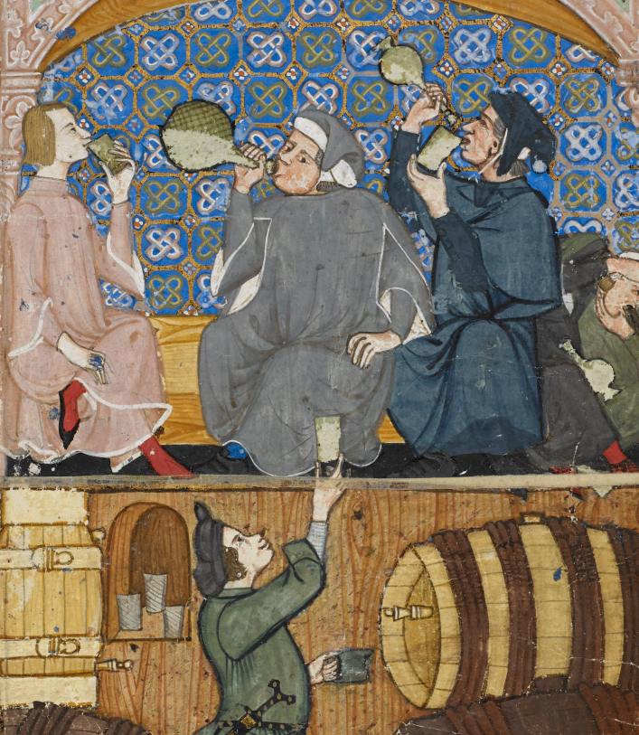 Medieval manuscript image of a tavern: a cellarer standing amidst large barrels passes drinks up to a group of men above, who are tossing back large bottles and cups of drink.