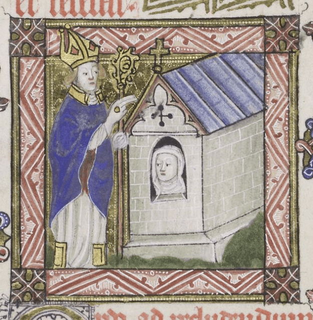 Medieval manuscript image of a white-wimpled woman looking out a window from an enclosed cell with a cross; a man with a bishop’s mitre and crozier stands outside.