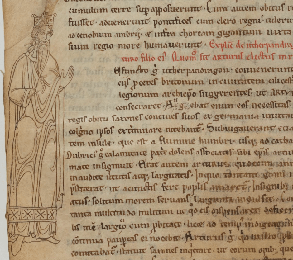 Medieval manuscript written in Latin, with a marginal illustration on the left of a tall bearded man wearing a crown and a long robe.