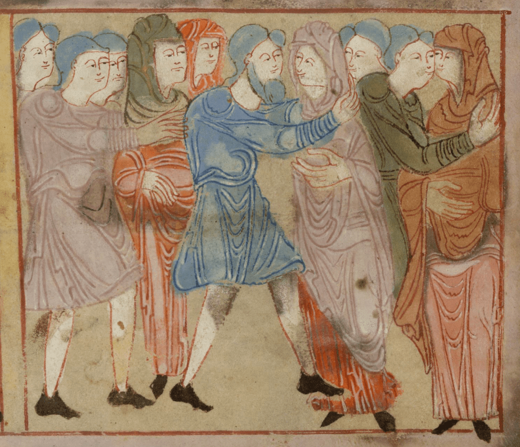 Medieval manuscript image of a man embracing a woman as she reaches an arm towards him; people stand in a group around them watching, while a couple on the right is cheek to cheek as if about to kiss.