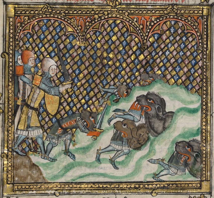 Medieval manuscript illustration of soldiers beside a body of water in which there are giant hairy long-toothed creatures; some of the soldiers are already in the water and are being consumed by the creatures.
