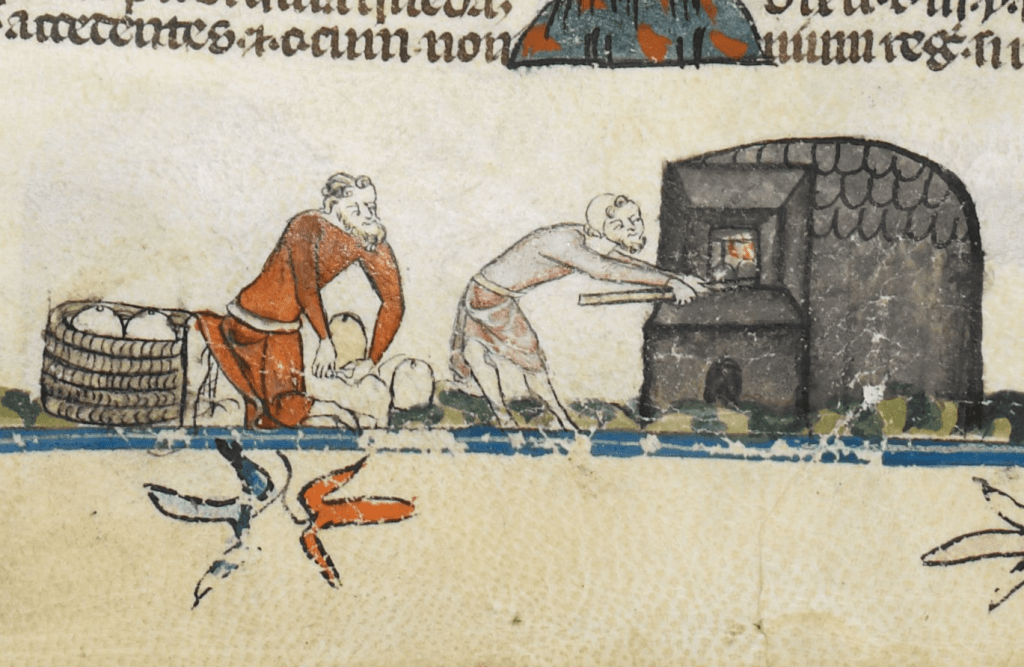 Medieval manuscript image of a man with loaves in a basket and a baker putting loaves in or taking loaves out of an oven.
