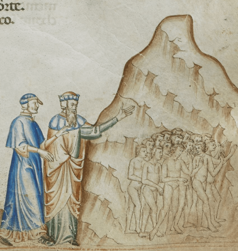 Medieval manuscript image of two finely clothed men following a large group of naked men to a rocky mountain.