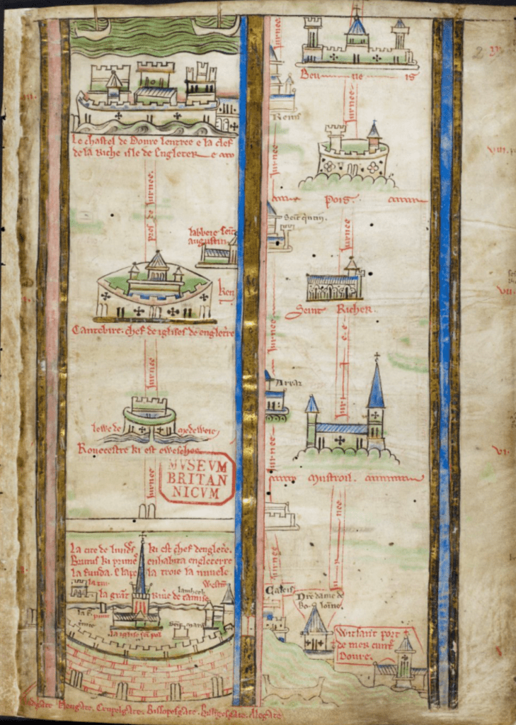 Medieval manuscript page divided into two columns that contain a series of illustrations of buildings and geographical landmarks with labels, with a road connecting one to the next.