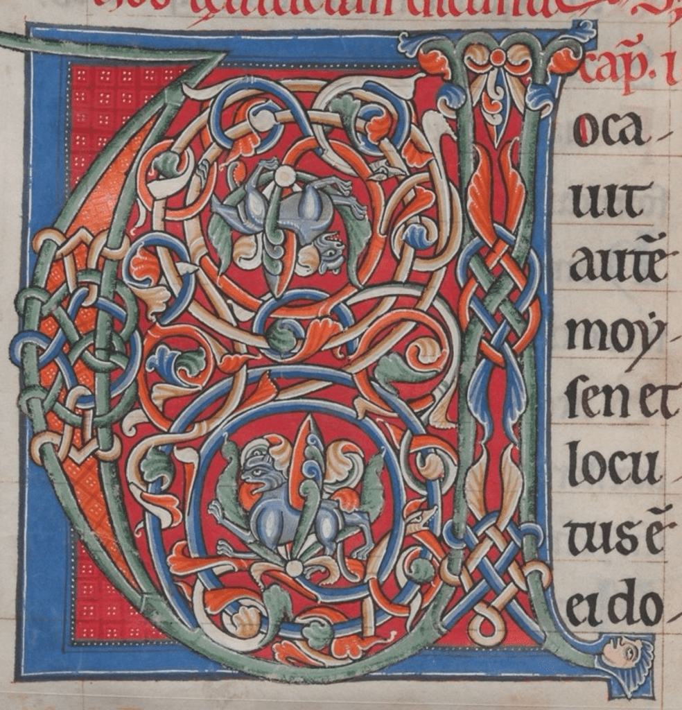Letter V on a medieval manuscript page that has been so elaborately decorated with intertwining lines, foliate ornaments and a pair of lions that the initial itself is barely recognizable.