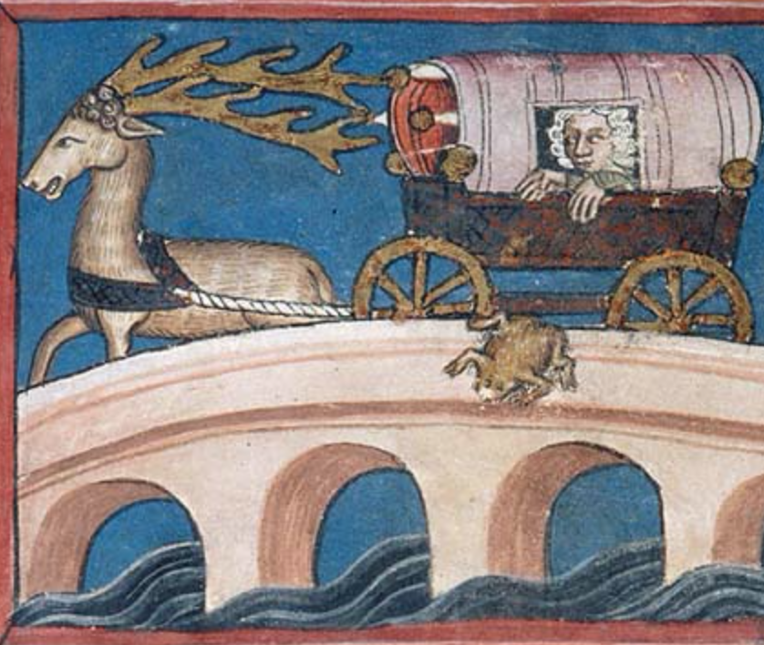 Medieval manuscript image of a stag in harness pulling a covered wagon across a bridge over a stream; a person in a headdress extends their hands out the window of the wagon and a large frog falls to the water below their hands.