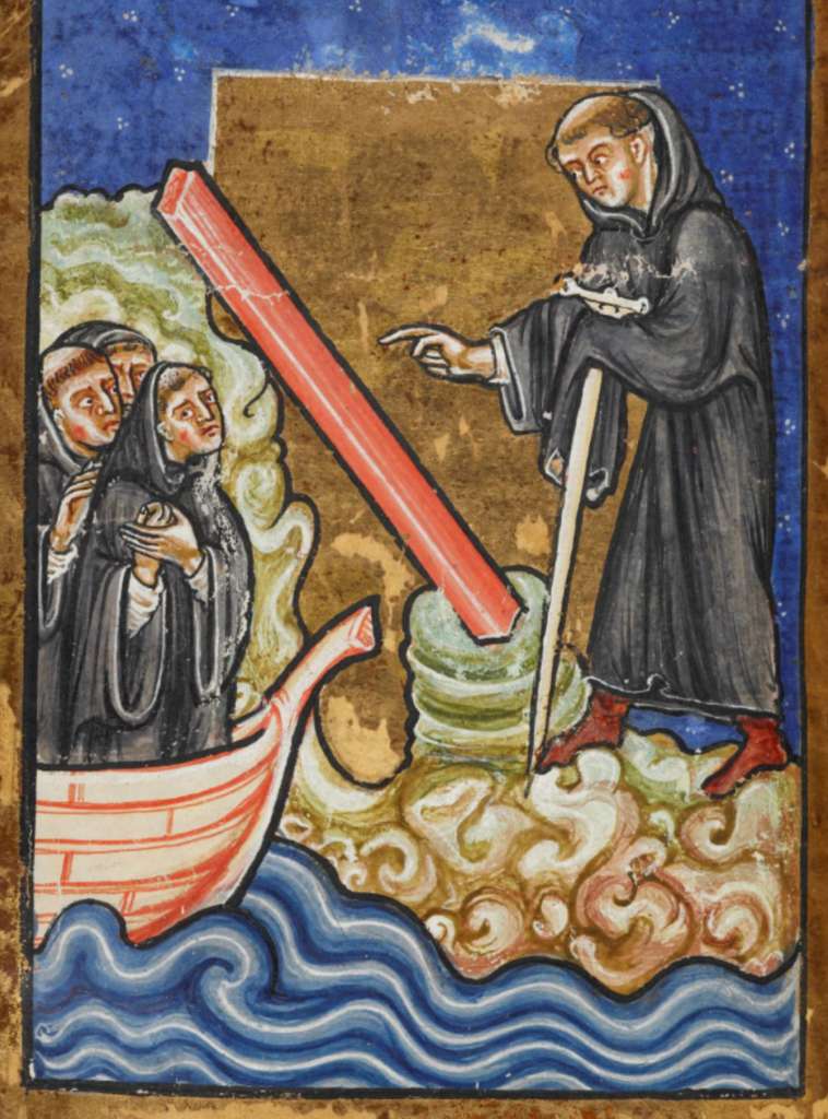 Medieval manuscript illustration of a monk gesturing towards a beam of wood on the shore; three monks look on from their boat in the rolling blue waves.