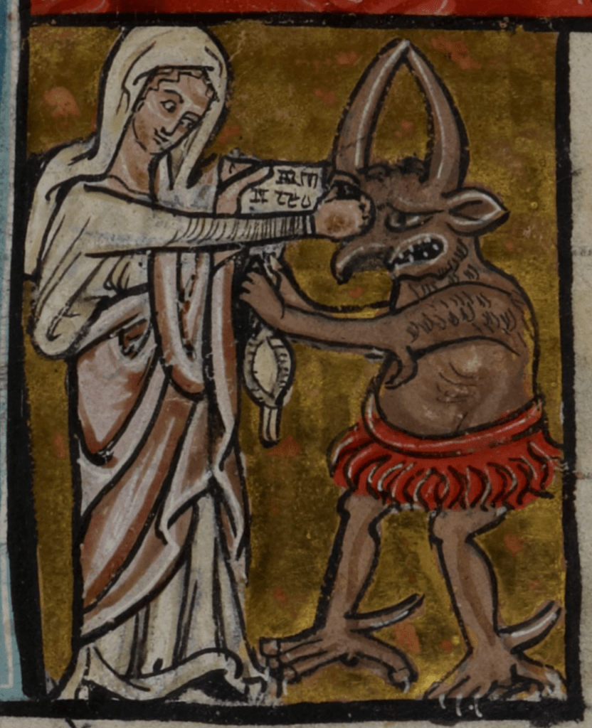 Medieval manuscript image of woman holding a document with writing in her left hand and punching a hairy horned devil in the eye with the other.