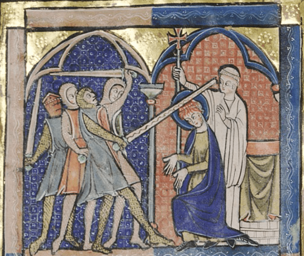Medieval manuscript image of a haloed, kneeling man being struck on the head by the sword of a knight, blood gushing out; three other knights brandish swords and a robed figure stands in the background with a cross.