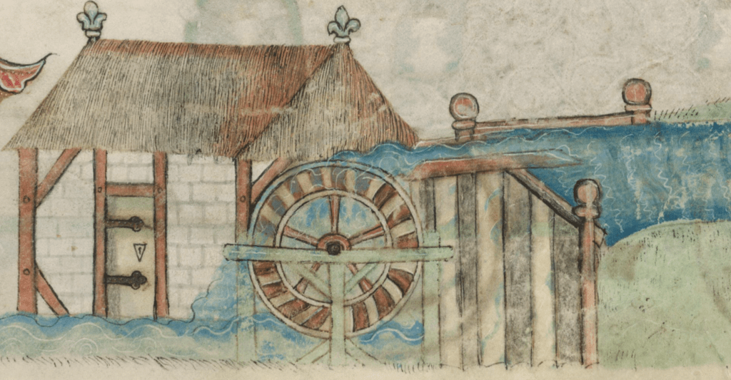 Medieval manuscript illustration of a little house with thatched roof beside a stream; the stream feeds through a large wheel and flows on past the house.