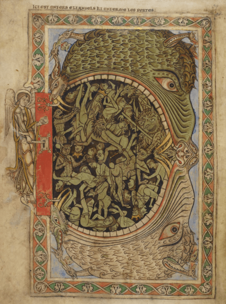 Medieval manuscript illustration of an angel turning a key in a door in the frame that fills the page; within the frame is a monstrous mouth open wide and filled with demons tormenting humans; the monstrous head itself has the heads of many other monstrous creatures emerging from it.