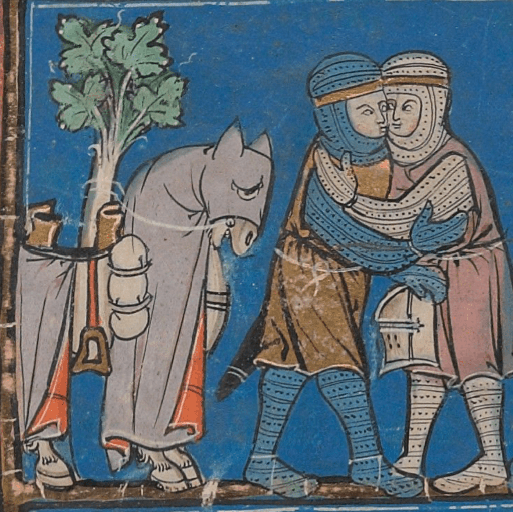 Medieval manuscript image of two people dressed in armour embracing cheek to cheek, one holding a helmet in hand, while a horse adorned in a caparison looks on.