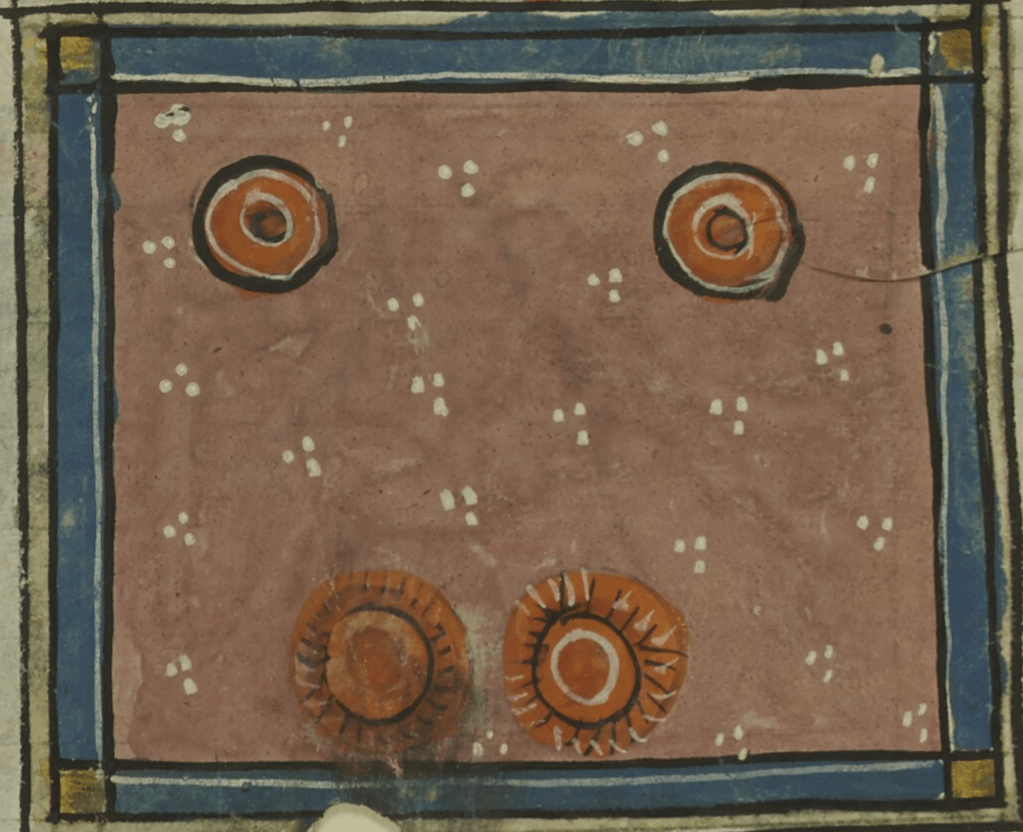 Medieval manuscript illustration of four orange circles within a frame; the upper two are placed far apart from each other and resemble donuts, while the bottom two sit close to each other with rays of light coming off of them like little suns.