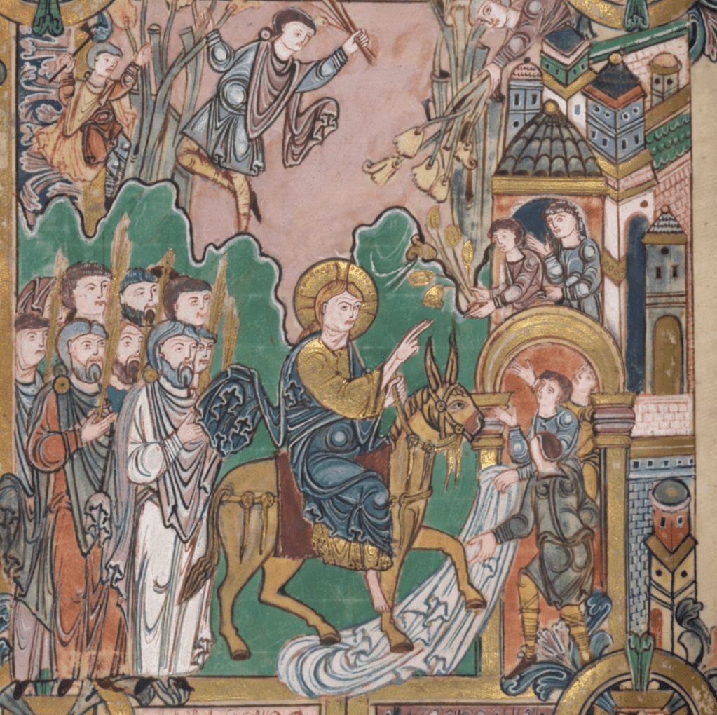 Medieval manuscript illustration of a haloed man on a donkey entering the gates of a city, his hand raised before him with his index and middle fingers extended; a group of men follow him on foot with what looks like rays of gold coming out of their hands, and the people in the city greet them, holding gold palm fronds.