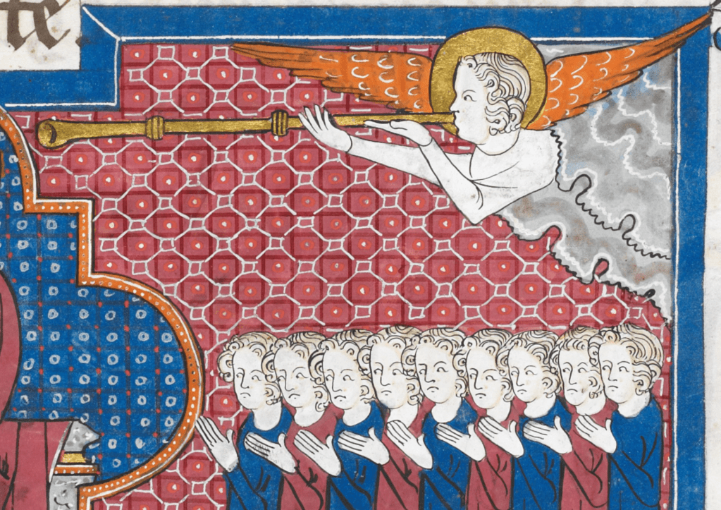 Medieval manuscript illustration of an orange-winged angel emerging from a cloud while playing a long golden trumpet; below a row of nine people stand with rather concerned expressions on their faces.