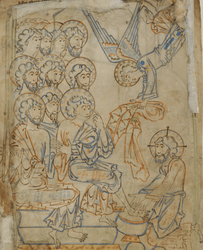 Medieval manuscript illustration of a kneeling, haloed man washing the feet of another haloed man in a small basin, while a group of haloed men look on; an angel descends from heaven with a towel in their hands.