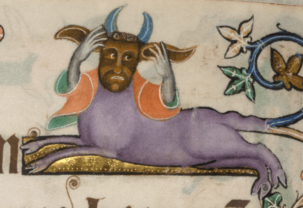 Medieval manuscript image of a cow-human hybrid with a purple body; its human-like hands hold its big cow ears, and two horns are on its head; it has an oddly human facial expression and wears a jacket.