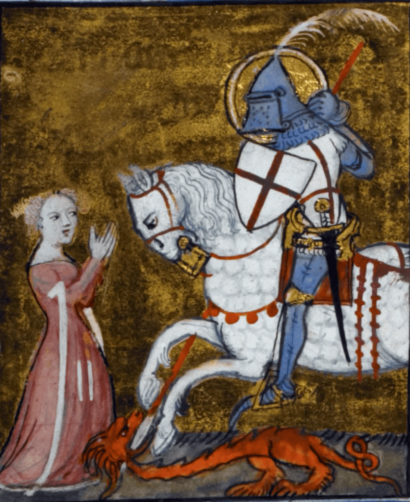 Medieval manuscript illustration of a woman standing before a knight on a white horse; the knight spears a rather small and harmless looking dragon on the ground.
