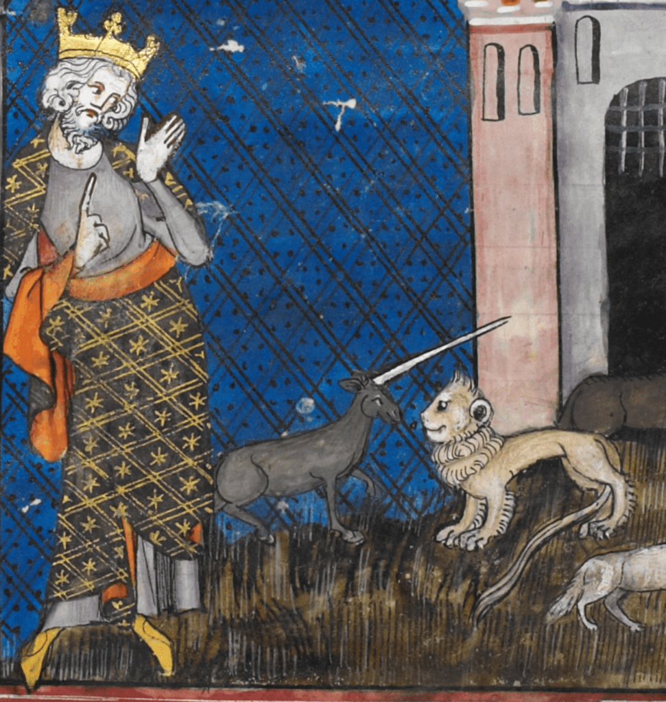Medieval manuscript illustration of a king looking down upon a grey unicorn with a very long horn who faces a lion; the lion and unicorn are quite small relative to the king.