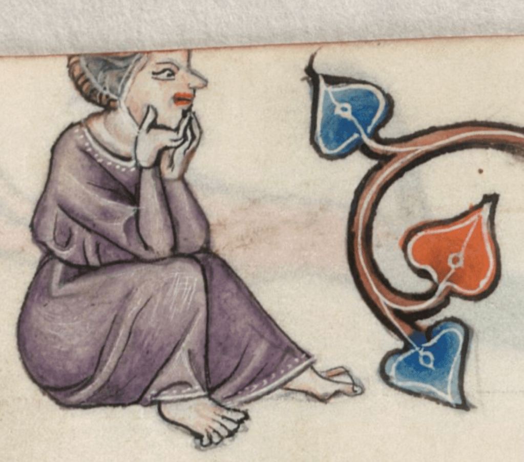 Medieval manuscript image of a woman sitting on the ground beside a plant, with her legs in front of her, wearing a long purple dress with white trim; she holds her chin in her hands, with her elbows propped up on her knees, and she has a rather angry or disgusted look on her face; the folio has been cut so the top of her head is missing.