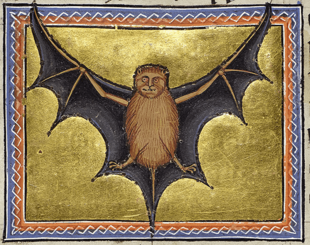 Medieval manuscript illustration of a hairy brown bat with black outstretched wings and a strangely human nose.