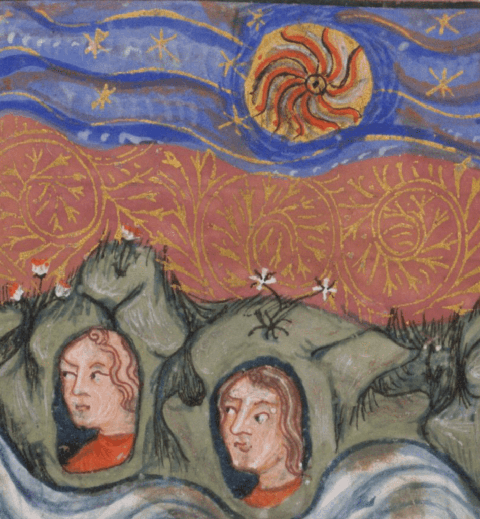 Medieval manuscript image of a swirly orange sun in the sky surrounded by stars and in the foreground a river, beside which are two holes in the ground containing heads.