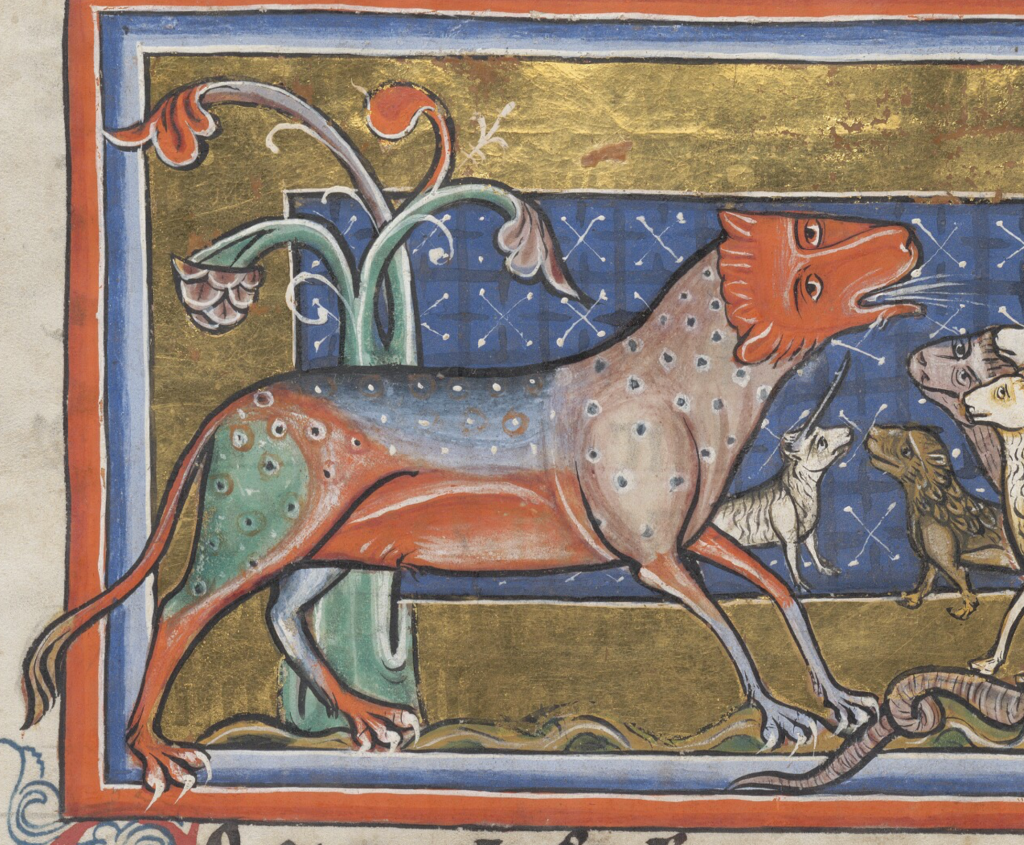 Medieval manuscript image of a spotted, multicoloured, four-legged creature with claws and a long tail; breath is visible coming out of its mouth, and various other animals such as a lion and unicorn appear to be drawn to it.