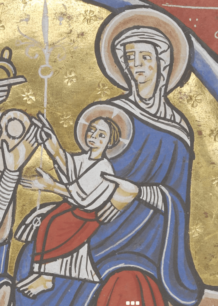 Medieval manuscript image of a haloed woman in blue holding a haloed child in her lap; the child is reaching out to take a round object from someone’s hand.