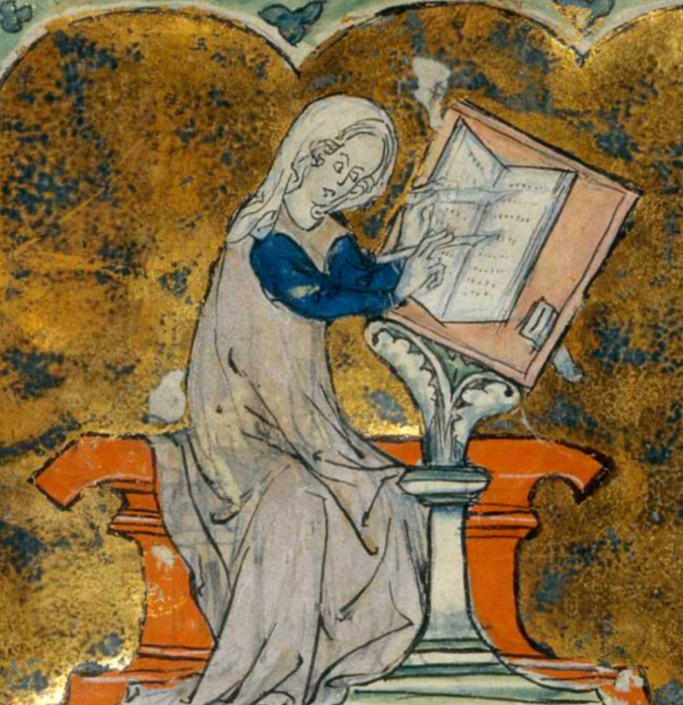 Medieval manuscript image of a woman sitting on a bench at a small desk; she uses a quill pen and pen knife to write in the open book in front of her.
