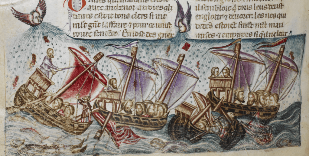 Medieval manuscript image two winged heads blowing rain and wind down upon a group of ships that toss in the waves; one ship has already foundered, with bodies floating in the water amidst the debris.