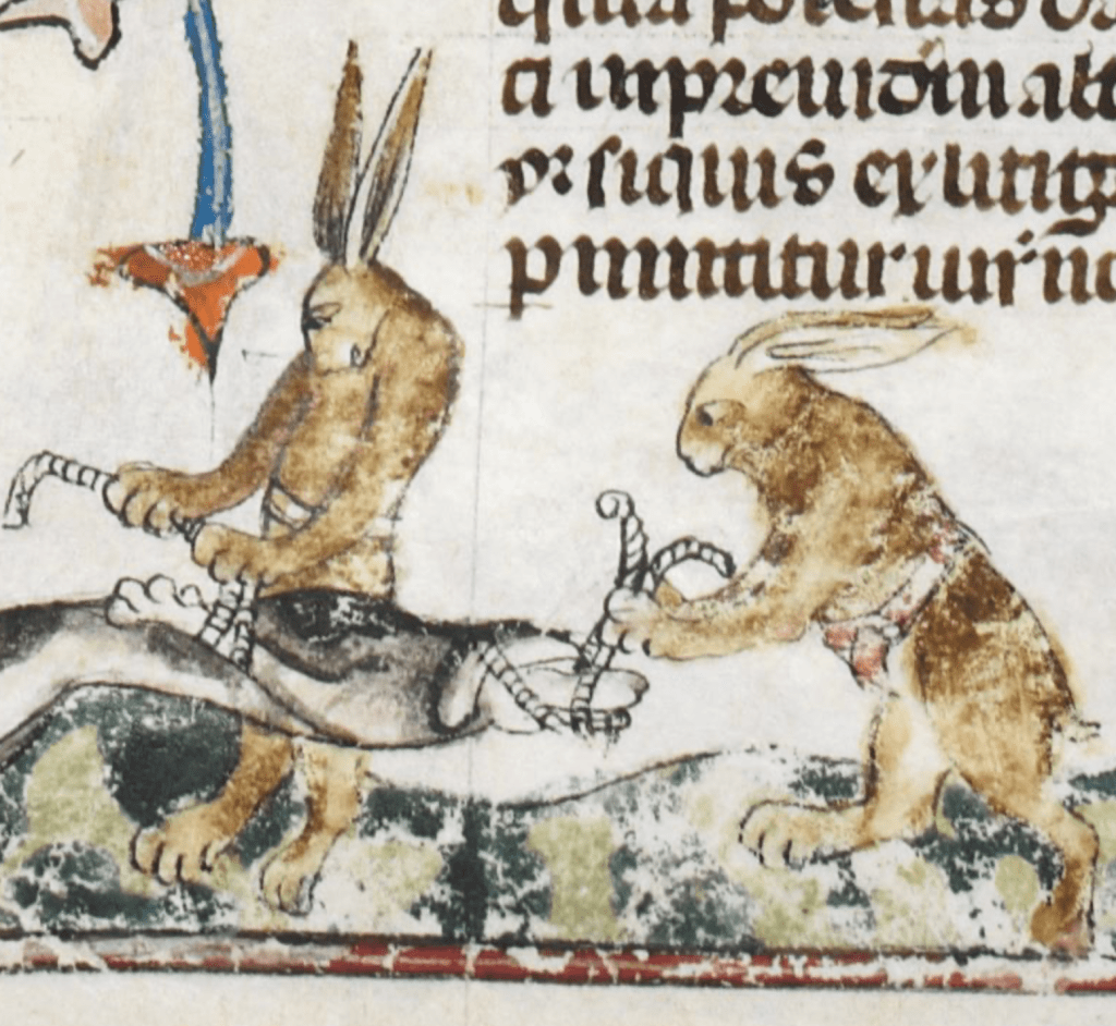 Medieval manuscript illustration of two giant rabbits tying up a dog’s jaws and forelegs with ropes.
