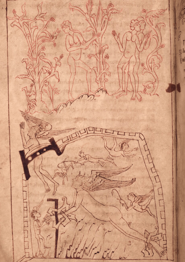 Sequence of images in a medieval manuscript depicting an angel being unchained from a flame-filled prison, then flying up and out the gate to a garden where a serpent in a tree communicates with a naked woman, then a naked man and woman look at a tree together.