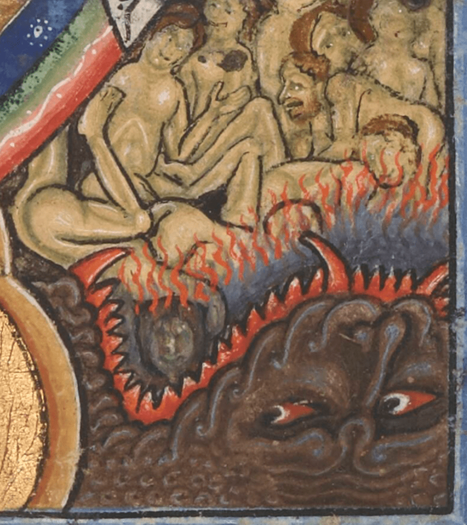 Medieval manuscript image of naked humans sitting in flames in the sharp-toothed open jaws of a dark beast with red eyes.