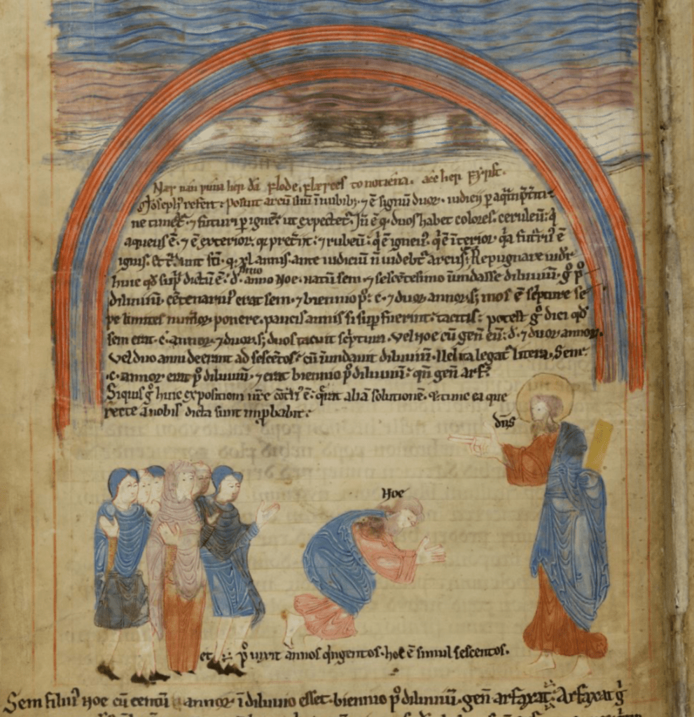 Medieval manuscript illustration in the midst of Old English and Latin writing showing an arc of red, blue, purple and red, below which is a group of people, a man on his knees labelled Noe and a haloed man gesturing with two fingers outstretched.