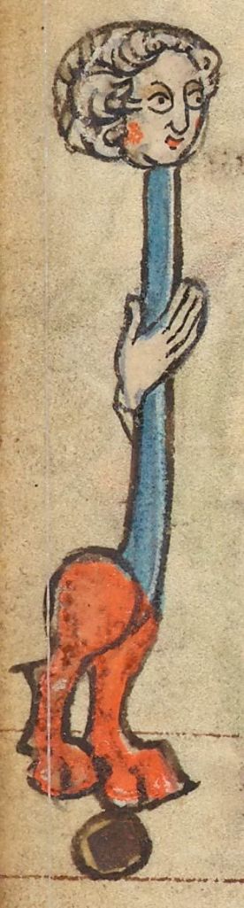Medieval manuscript image of a rosy-cheeked hybrid man with a very long blue neck which he grasps with one hand, and animal legs with hooves standing on a ball.