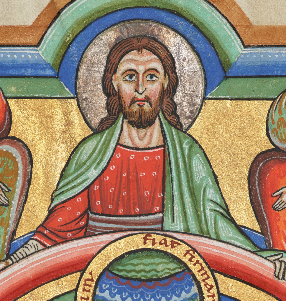 Medieval manuscript image of God portrayed as a brown-haired and bearded man with a halo who is wearing red and green; he looks calm as he hovers over the world.