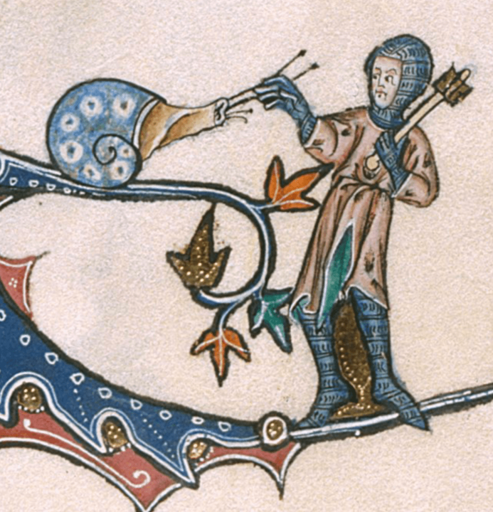 Medieval manuscript image of a warrior in chainmail with one hand outstretched to a giant snail that sits on a leafy branch.