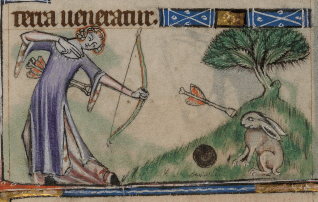 Medieval manuscript image of a woman in a long purple gown shooting an arrow from a bow towards a large rabbit.