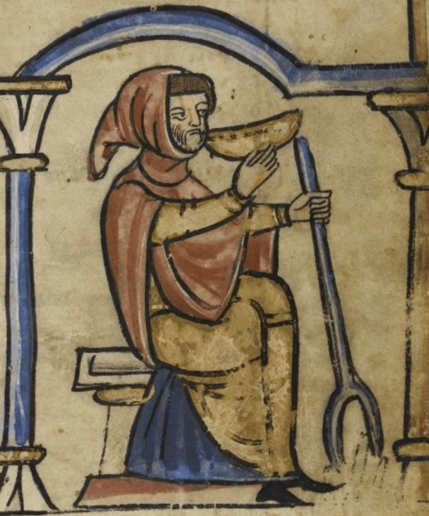 Medieval manuscript illustration of a man sitting and drinking from a bowl, which he holds in one hand; he holds a long, two-pronged fork in the other hand.