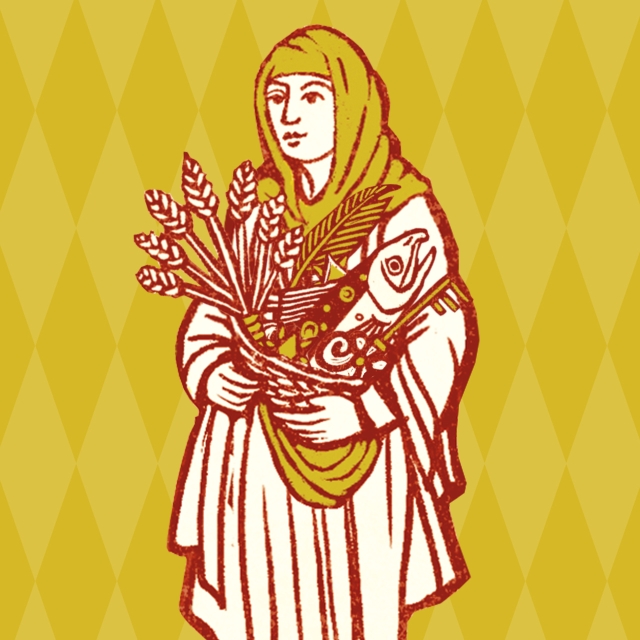 In a woodcut-style illustration in red, white and gold, a woman in medieval clothing holds a basket containing wheat, a quill pen, a fish and a key - all of which are illustrations from the cover of Hana Videen’s book The Wordhord.
